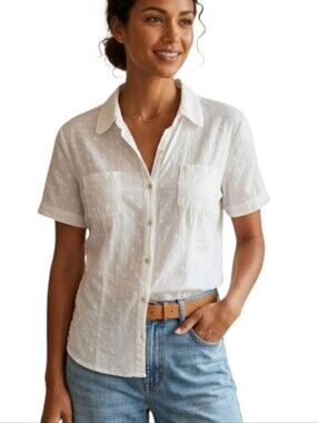 Alexandra Bartlett White Dot-Embossed Short Sleeve Button Up Top